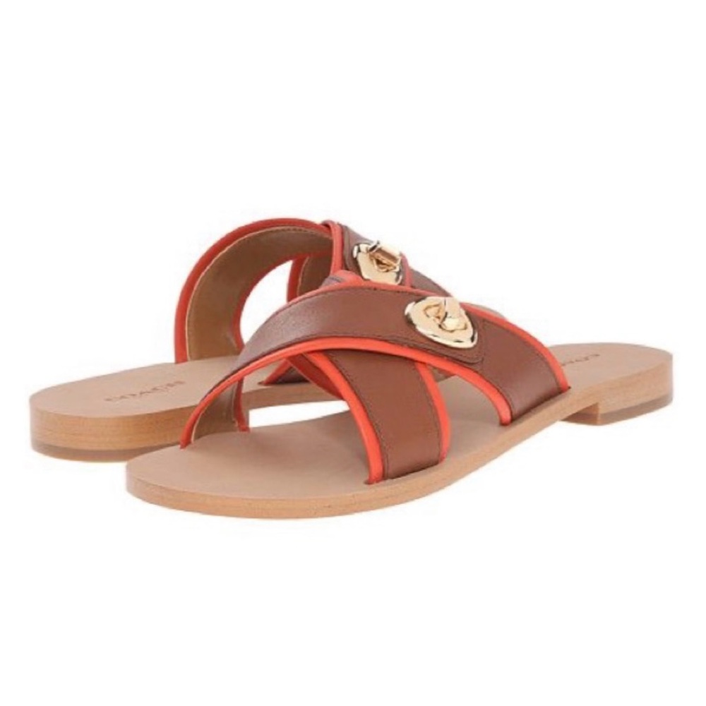 Coach Coral Turnlock Leather Slides Criss Cross Sandals Brown Orange Size 7.5 - Picture 1 of 8